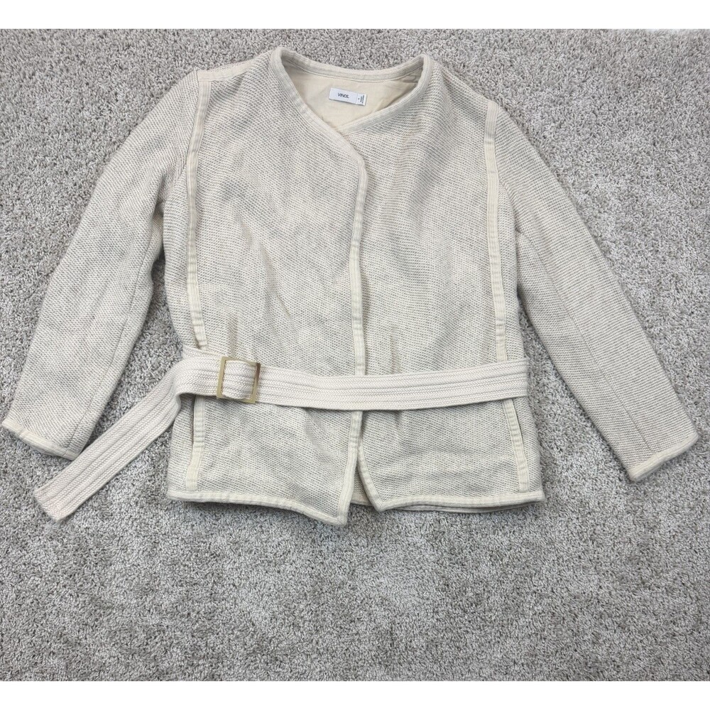Vince Womens S Oatmeal Knit Belted Jacket Cotton Rayon Linen Open Front Blazer